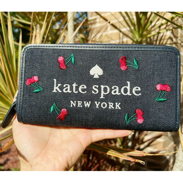 Kate Spade Ella Cherry Embroidered Denim Large Continental Zip Around Wallet  