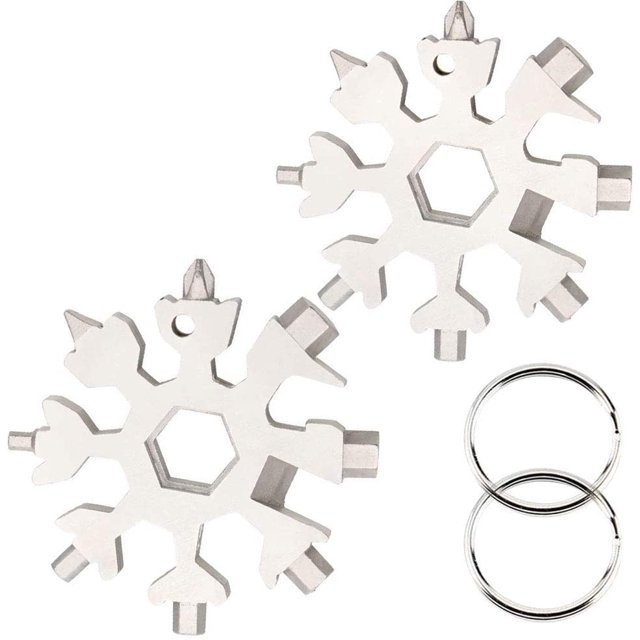 Stainless Steel Bicycle Multitool, Multifunctional tool, 18-in-1 Snowflake Multitool, Card, Snowflake Key Ring, Bottle Opener, Ring Spanner(Silver*2)