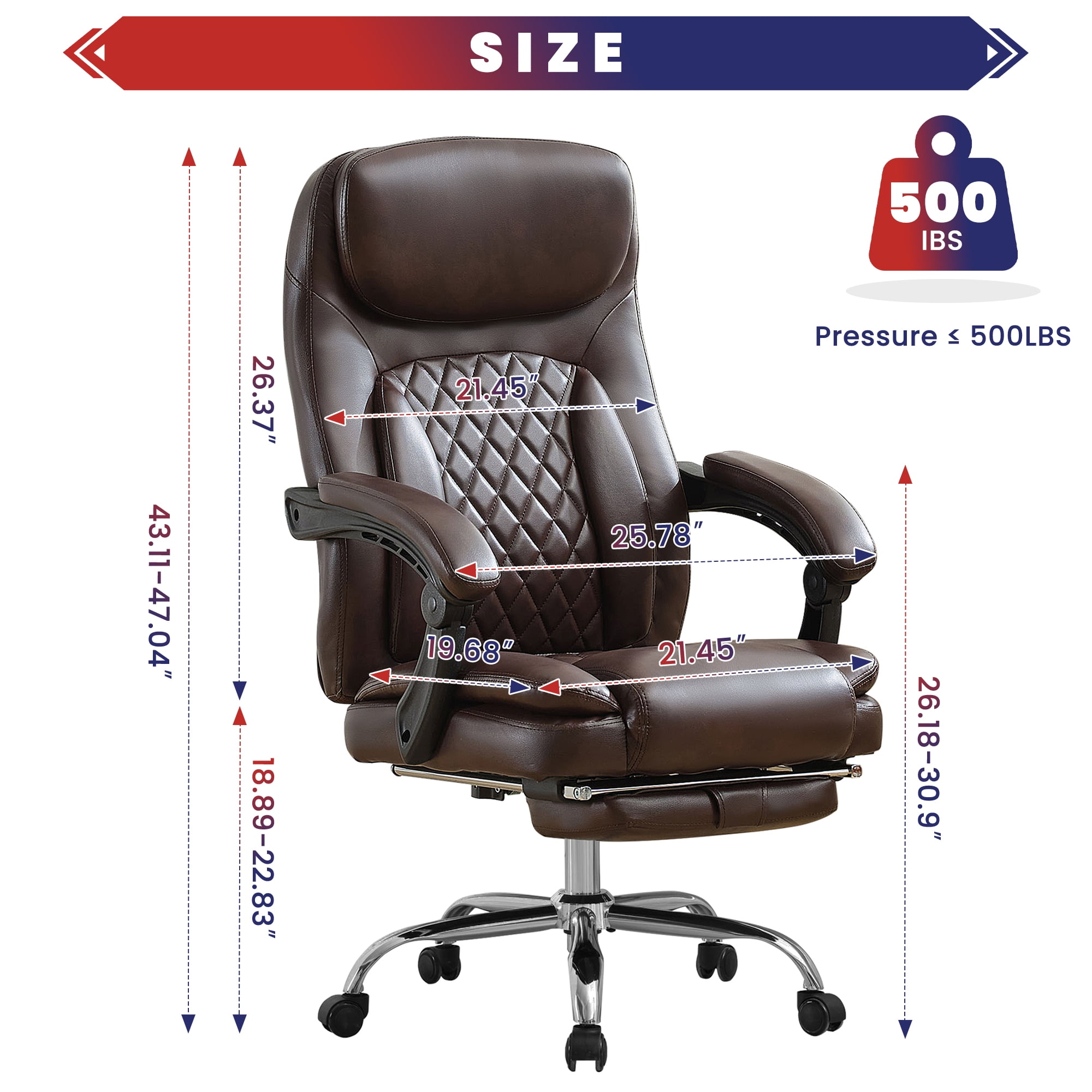 JONPONY Big and Tall Office Chair 500LBS Executive Office Chair Massage and Footrest Ergonomic Computer Desk Chair Reclining High Back Leather Office Chair Lumbar Back Support Swivel Rolling,Brown