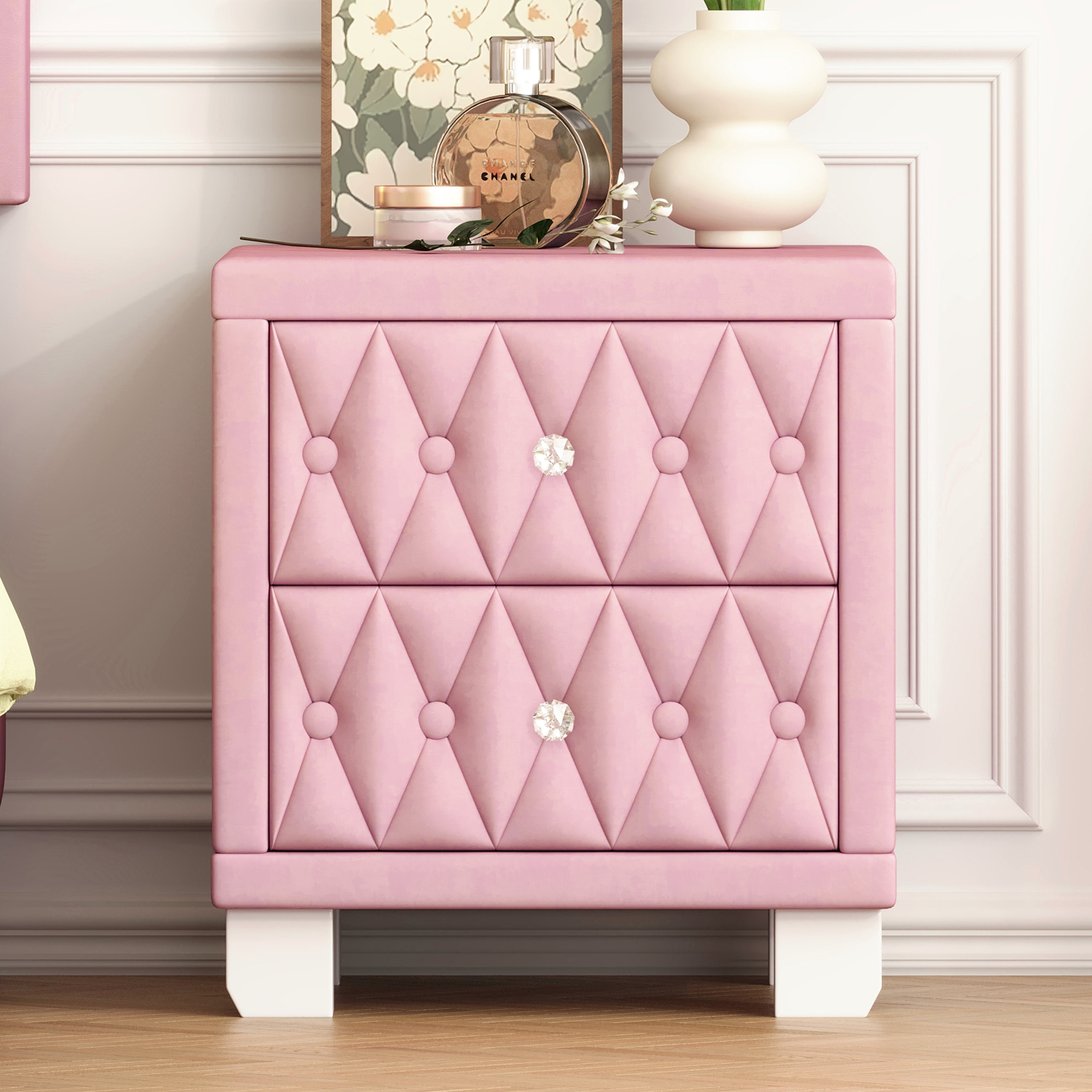 GARITIN Elegant Velvet Nightstand with 2 Drawers & Crystal Handle, Storage Bedside Table with Button-Tufted Design for Bedroom Guest Room, Pink