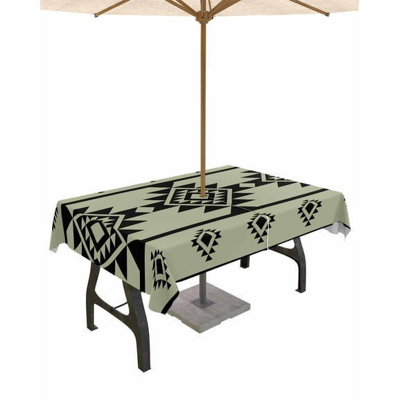 Hokiten Outdoor Tablecloths with Umbrella Hole & Zipper, Sage Green Boho Rectangle Tablecloth 60x120 Inch, Southwest Aztec Abstract Geometric Waterproof Table Cloth, Patio/Pool/Picnic Table Covers
