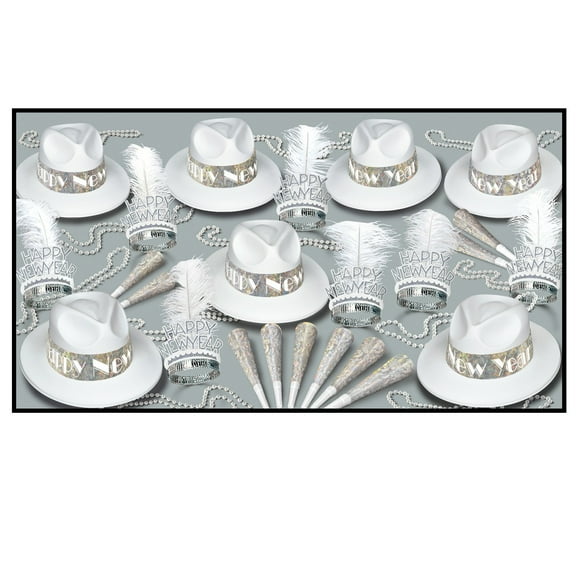 Beistle Club Pack of 50 LA Silver and White Swing "Happy New Years" Legacy Party Favor Hat Kits