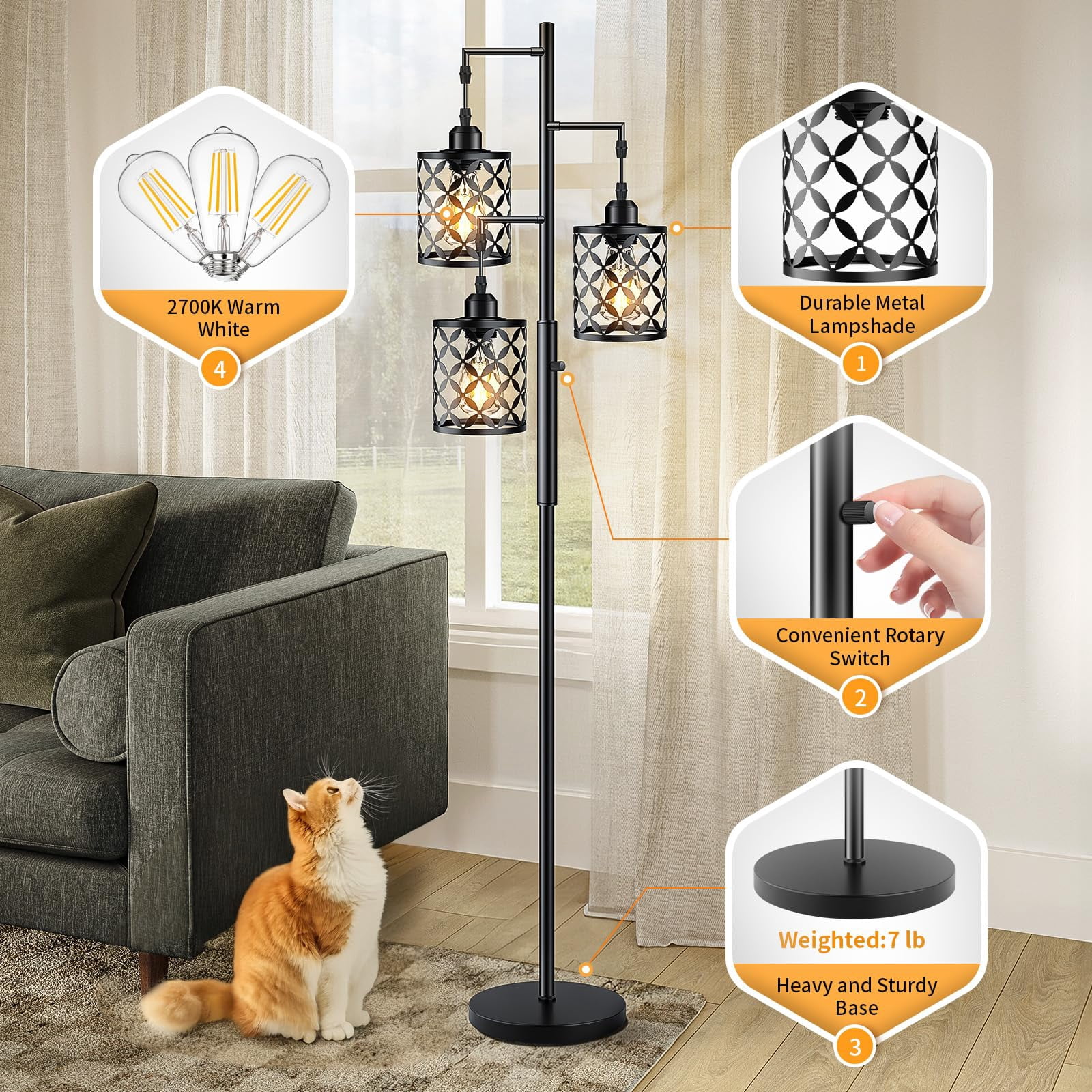 68" Dimmable Floor Lamp  Farmhouse Standing With Elegant Metal Cage Industrial Tall Tree Lamps For Living Room Bedroom Study Office (2000lm Led Bulbs Included) - Black
