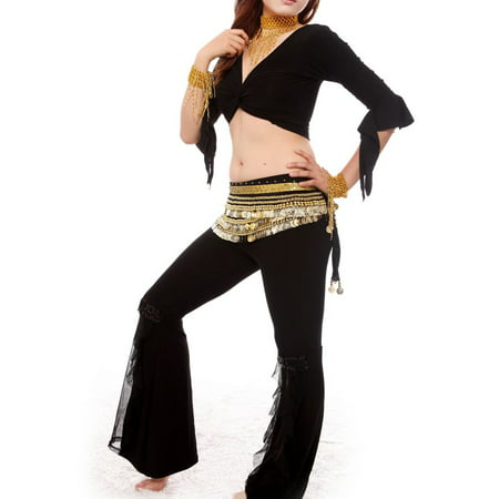 BellyLady Practice Egyptian Belly Dance Costume, Black Belly Dancing Wrap Top, Gold Coin Hip Scarf And Pants Set, Size: