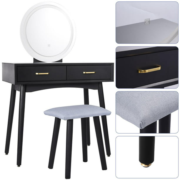 Vanity Table Set With Lighted Led Touch, Led Vanity Table Set With Lighted Touch Screen Mirror Cushioned Stool