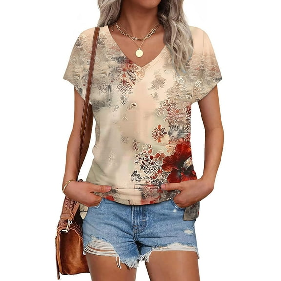 Aobny Peasant Women's Casual T-Shirt Summer Tops Short Sleeve V-Neck Floral Blouses for Junior