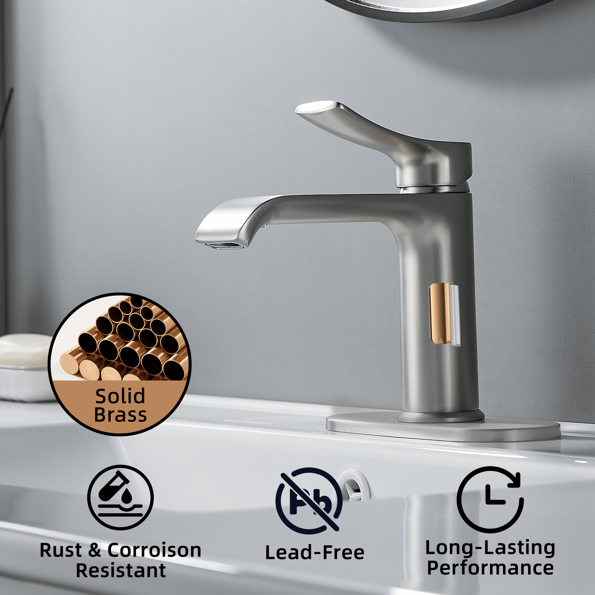 BELZ Bathroom Faucet Modern Waterfall Bathroom Sink Faucet with Single Handle with Pop Up Drain and Deck Plate Suitable for 1 or 3 Holes, Brushed nickel