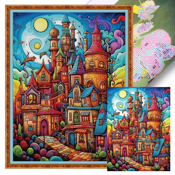Hilo de bordar de algodón ecológico completo, estampado de 16CT, punto de cruz de Castillo colorido, 40x55cm