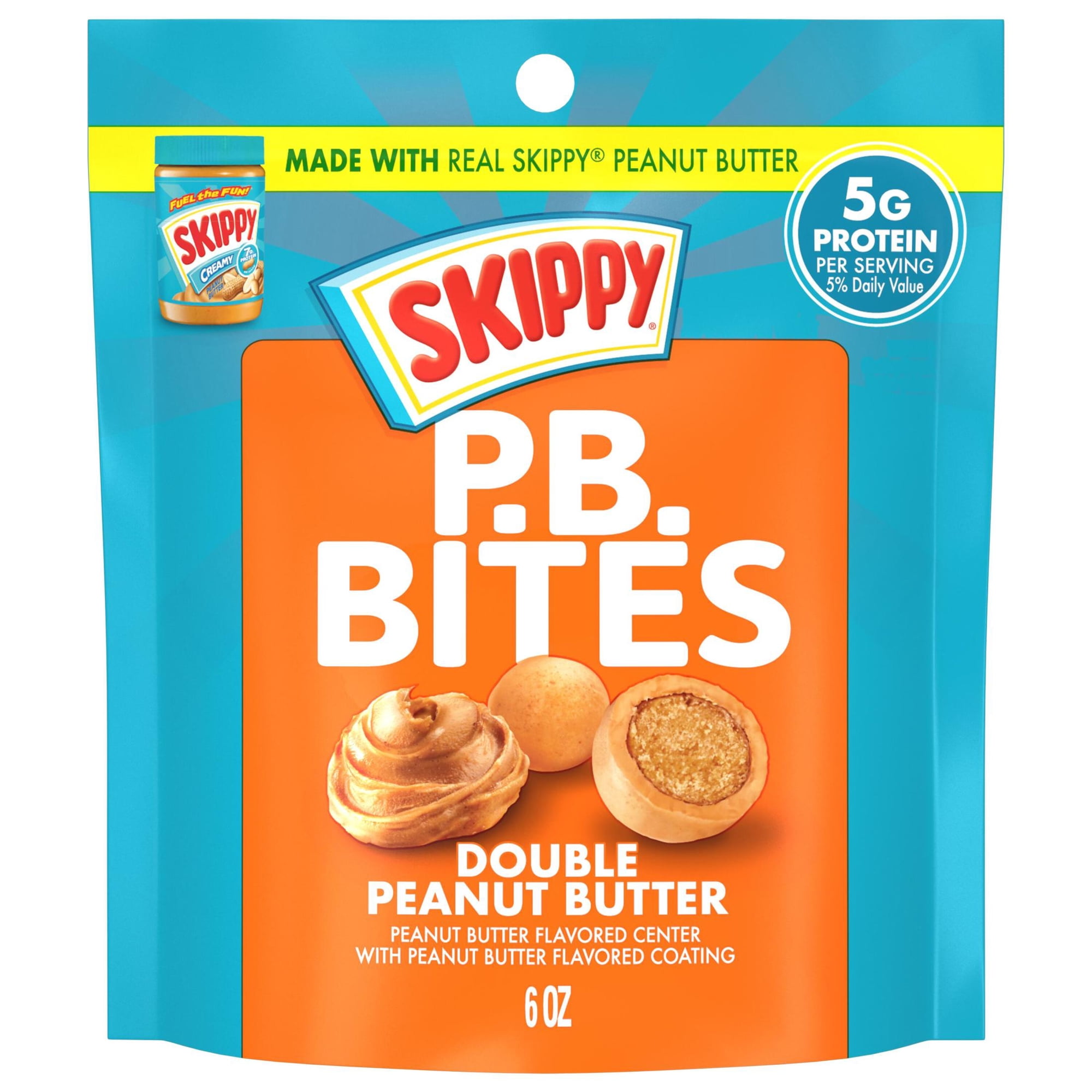 SKIPPY PB Bites Double Peanut Butter Snack, Shelf-Stable, 6 oz Resealable Plastic Pouch