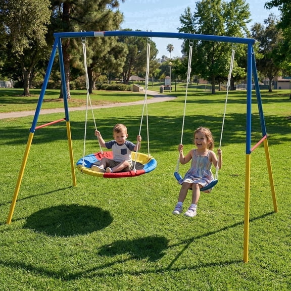 Mersco 2-in-1 Swing Set for Backyard with Stand, Swing Heavy Duty 440lbs Metal Outdoor Swing Stand, Contain 1 Saucer 32" and 1 Belt Seat 26.2" for Playground, Backyard Playset
