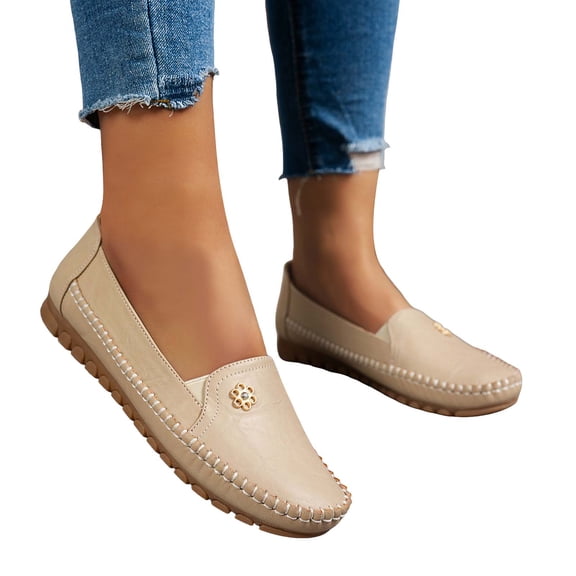 Rokment Rhinestones Flower Slip on Loafers Walking Shoes for Women Ladies 2026 Spring Fall Fashion Casual Sparkly Comfy Oxfords Dress Flat Beige Size 6.5