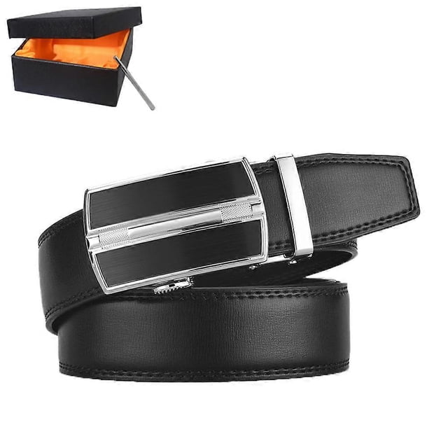 Men's Belt, Silver Buckle Leather Belt for Men, Adjustable Automatic Buckle Belt 3.5cm * 130cm (Box Included), Business Leather Belt, Holiday Gifts Ma