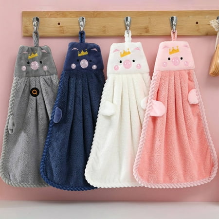 Uscallm 4Pcs Microfiber Velvet Hand Towels Cute Piglet Hand Towels ForKids Hanging Bathroom Towels For Family Soft Coral Fleece Hand Towels Quick Dry Absorbent Kitchen Towels
