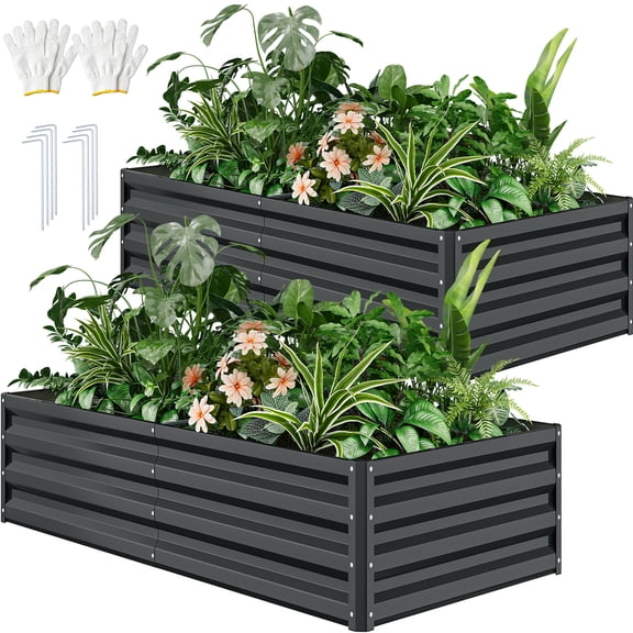 Dextrus Large Outdoor Raised Garden Bed Kit, Metal Planter Box for Plants, Vegetables, and Flowers, Includes 2 Gloves, Ground Nails, Support Rod, and Secure Edge Curling Design-8x4x1ft,Black