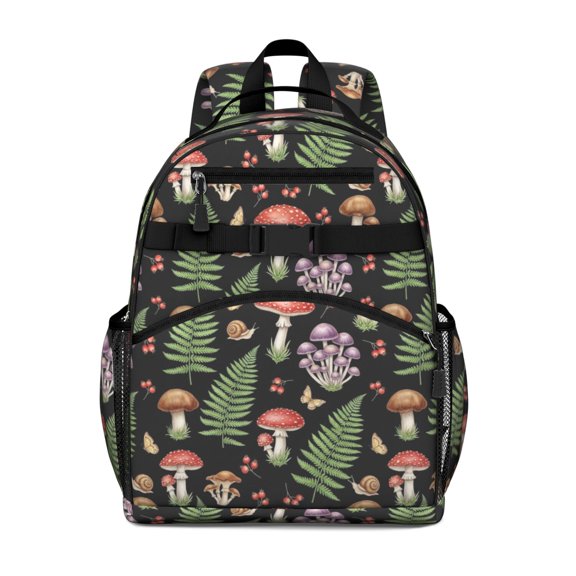 Mushroom and Fern Black Pattern Cute School Backpack Bag for School with Padded Back and Adjustable Shoulder Straps 15.25"x11.5"x5.25"