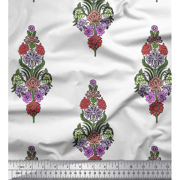 Soimoi Silk Fabric Leaves & Floral Block Printed Fabric 1 Yard 42 Inch Wide