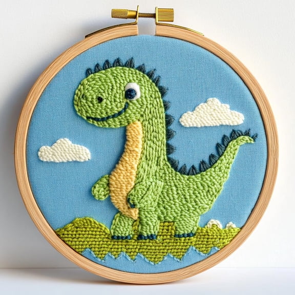 DIY Punch Needle Kits for Beginners Green Dinosaur with Hoop Embroidery Punch Needle Starter Craft Set Easy for Adults and Children Festival Gift and Decoration 20x20cm-1