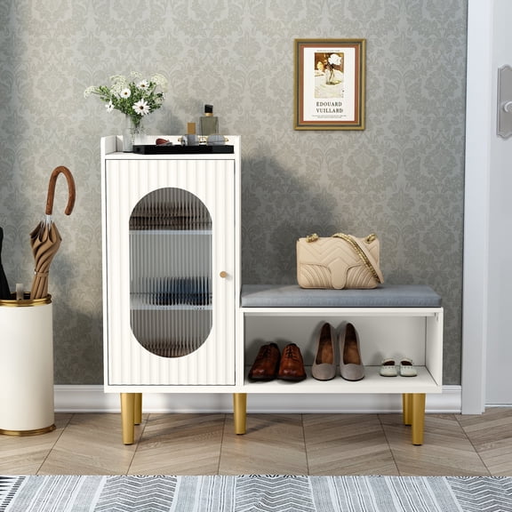 HLR Modern L-Storage Entryway Bench, Changing Shoe Benches for Entryway Living Room, White