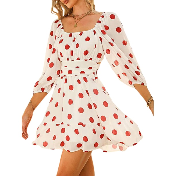 VISgogo Vestido de manga farol para mujer con decoración de volantes, ropa de verano de cintura alta con escote cuadrado de lunares VISgogo moda