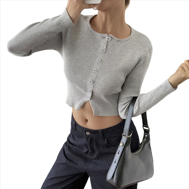 Blusa de Larga para Mujer, Cárdigan de Otoño, Camisa Corta con Cuello Abotonado Acanalado, Moda. Flor Gris M