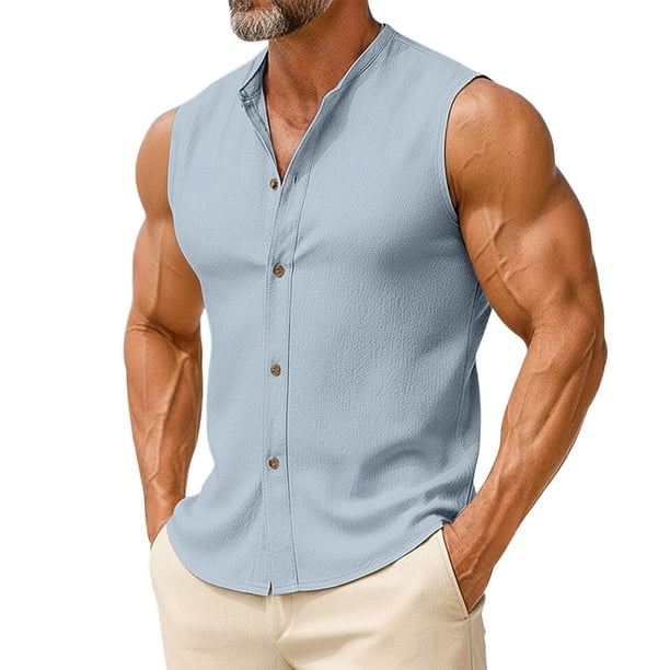 Top de Hombro Frío Camisa de Lino de los Hombres sin Mangas Cuello Redondo Color Sólido Botón Básico Delantero Top de Vacaciones Casual