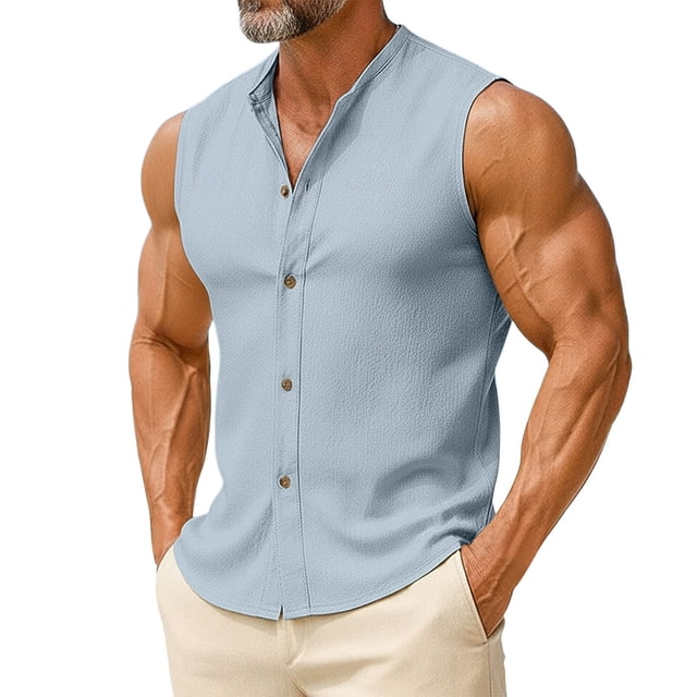 Eryao Men's Sleeveless Henley Vest Button Down Linen Shirts Soft Lightweight Solid Workout Basic Tank Tops,Light Blue,M