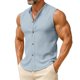 thumbnail image 1 of Top de Hombro Frío Camisa de Lino de los Hombres sin Mangas Cuello Redondo Color Sólido Botón Básico Delantero Top de Vacaciones Casual, 1 of 6