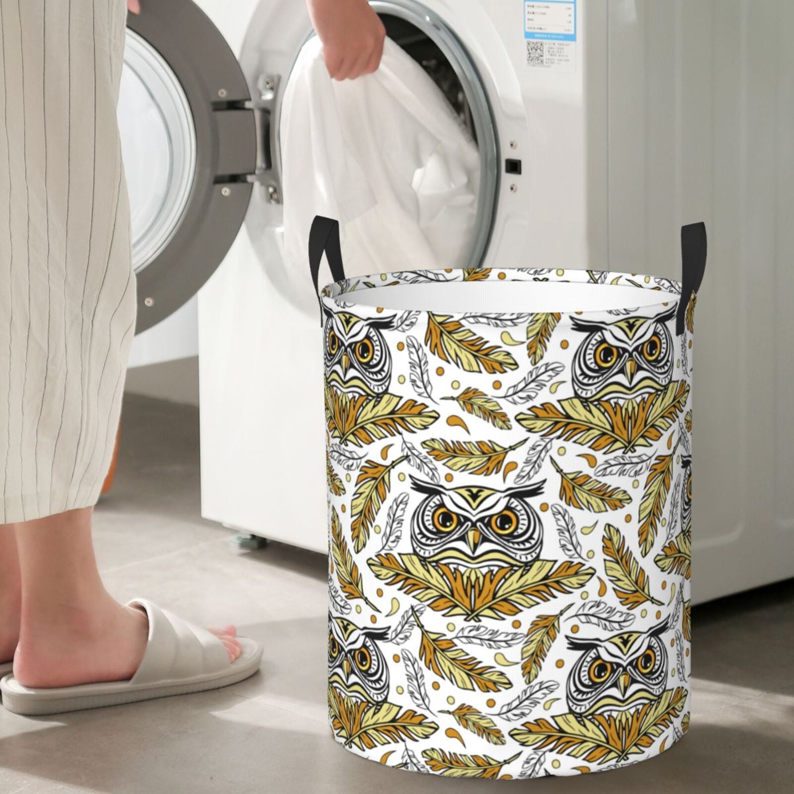 Large Laundry Basket with Handles - Feathered Owl Print Kids Baby Dirty Clothes Laundry Hamper for Bedroom Aesthetic
