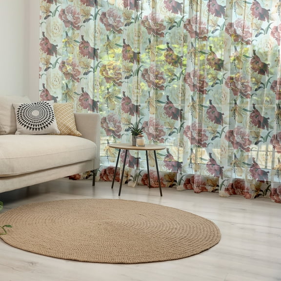 Rose Tulle Curtains with Rod Pocket, Watercolor Painting Look Roses Peonies Botanical Romantic Bouquet Corsage, Sheer Drape for Wedding Party 2 Panels, 7 Sizes, Dried Rose Cream Ruby, by Ambesonne