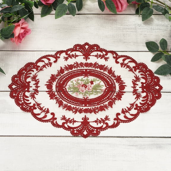 3 Pcs Lace Placemats, 16.5x6.5Inches Vintage Table Doilies Oval Embroidered Crochet Lace Dolly Cup Mat for Table Vase Home Decor, Date red