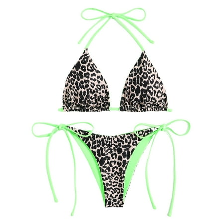 SWSMCLT Women s Sexy Bathing Suit Brazilian Bikini Set Tie Up Low Rise Leopard Print Halter Adjustable Two Piece Cheeky Green Black Large
