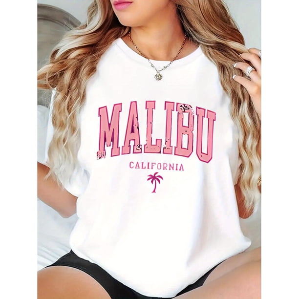 Camiseta informal de cuello redondo para mujer con estampado geométrico de Malibú, California, tejido de punto de algodón, elasticidad media, ideal para todas las estaciones, ideal para deportes de oc