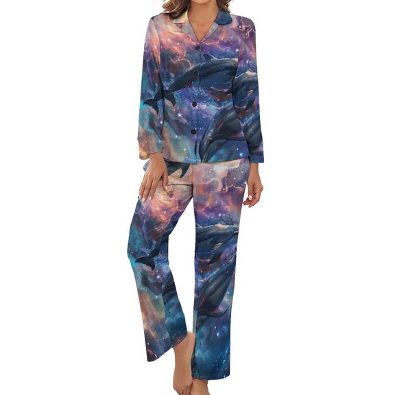 PoBuds Women's Long Sleeve Flannel Pajama Set Sleepwear Dolphins Galaxy M