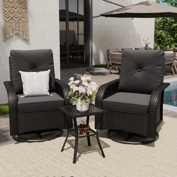 UDPATIO 3-Piece Outdoor Patio Furniture Set, Black Wicker Rocker Swivel Dining Chairs of 2, Gray