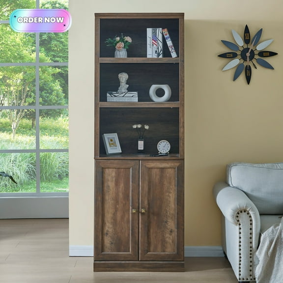 Tcbosik Bookcases with Charging Station, Bookshelves with Open Shelves and 2 Doors, 81.5" Display Storage Cabinet for Home Office, Living Room, Brown