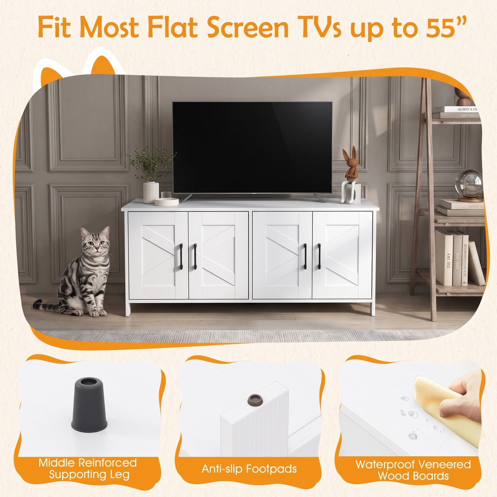 ALPULON Cat Litter Box Enclosure for 2 Cats Modern Kitty Litter Box Furniture Cabinet Hidden Washroom Side Table with Barn Doors and Tabletop, White