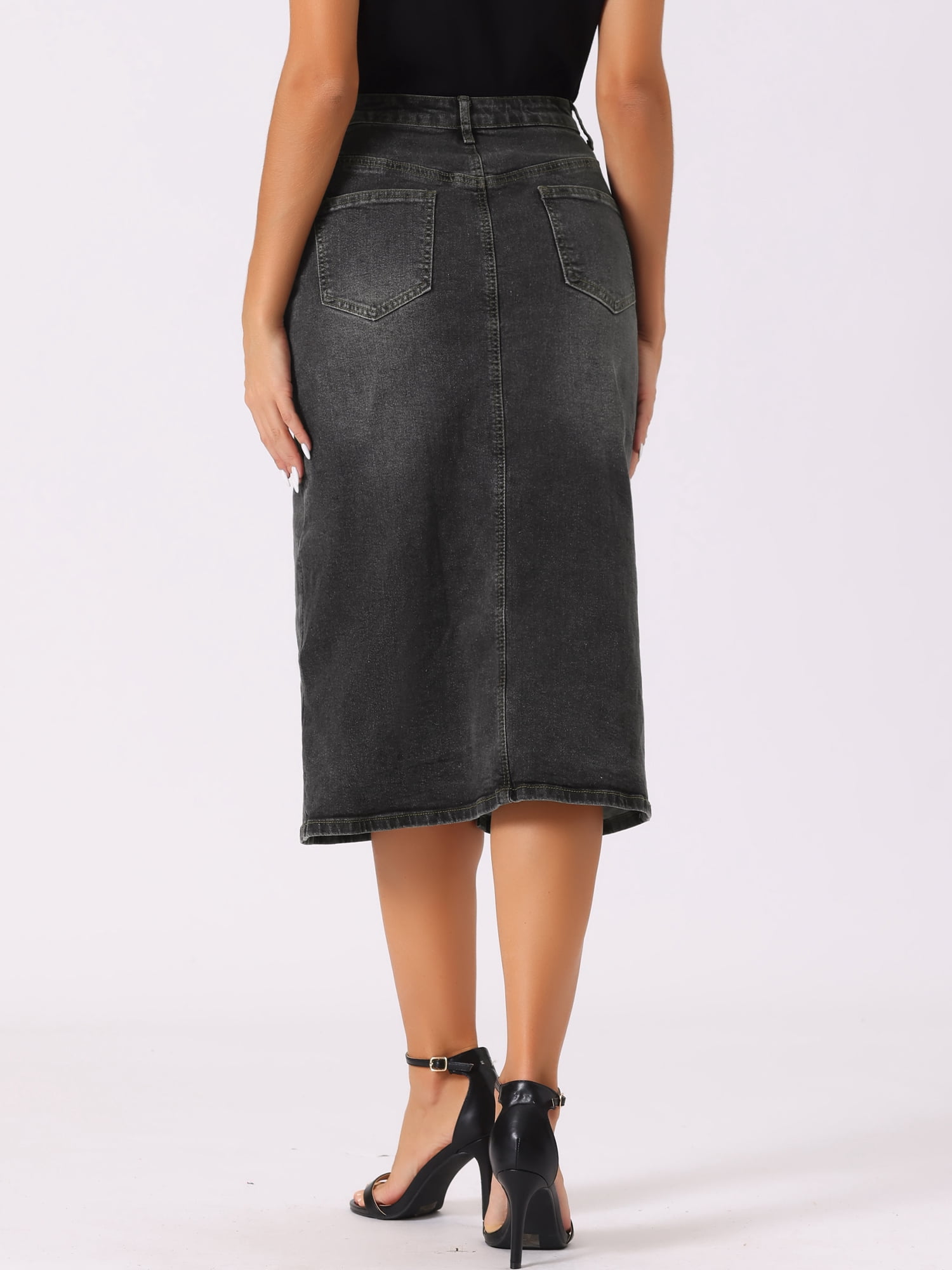 DARING DIVA Women's Slit Front Washed Jean Midi Skirts with Pockets S Dark Gray