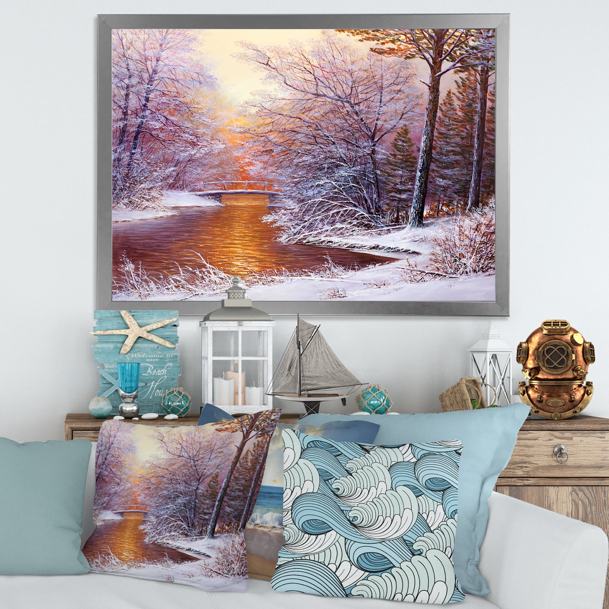 Designart 'Christmas Forest With Trees and River II' Traditional Framed Art Print