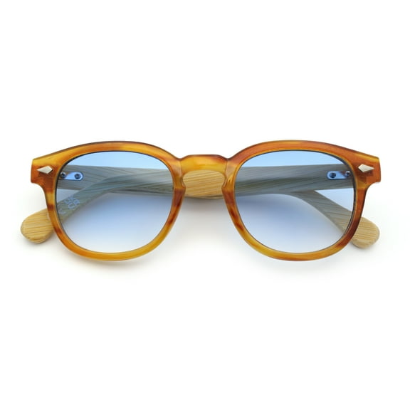 Bamboo Wood Arm Keyhole Round Horn Rim Hipster Vintage Vibe Sunglasses Yellow - Blue