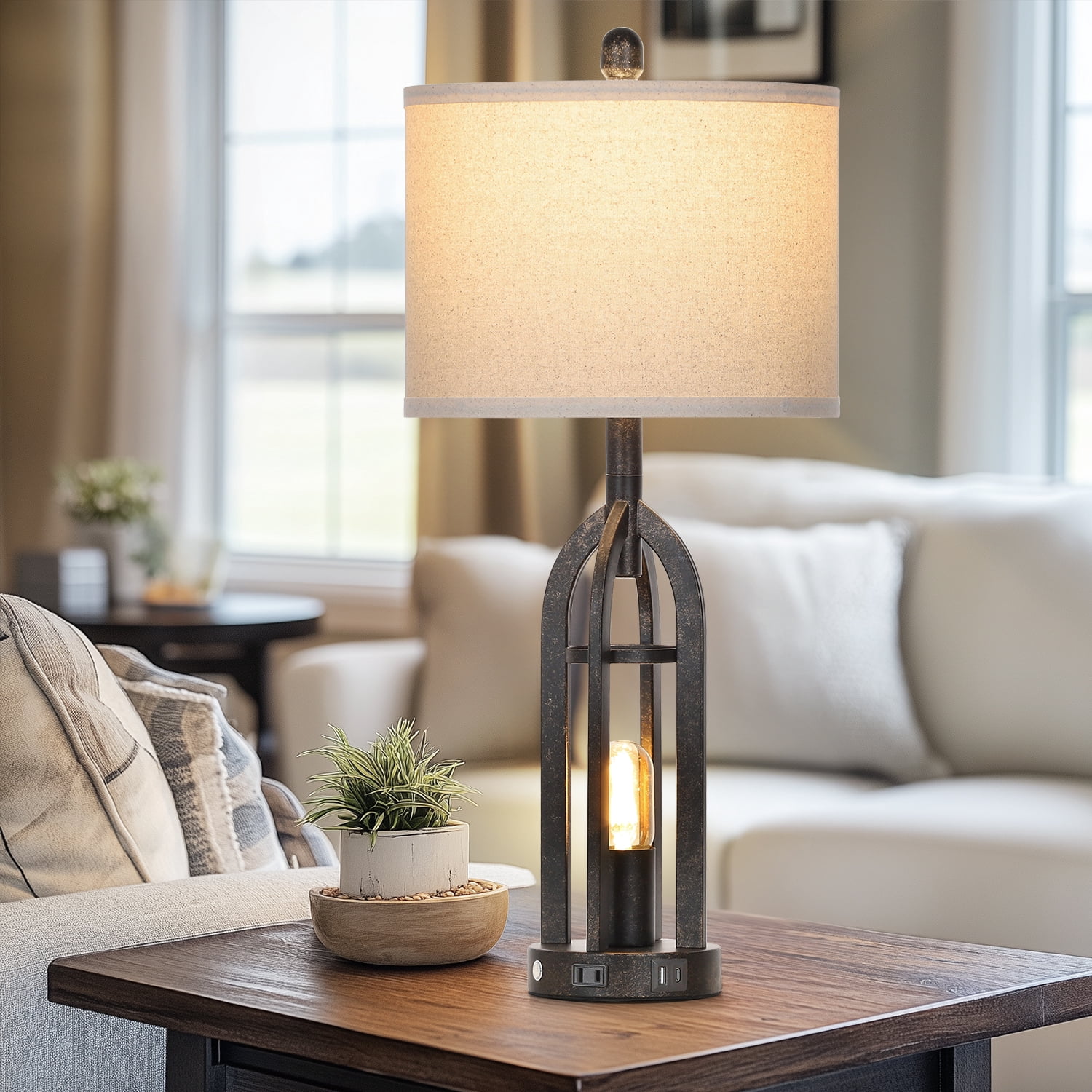 Cinkeda Table Lamps for Living Room Bedroom Set of 2 with USB A+C Ports AC Outlet Nightlight Industrial Gold 3 Way Dimmable Touch Control Bedside Nightstand Lamp