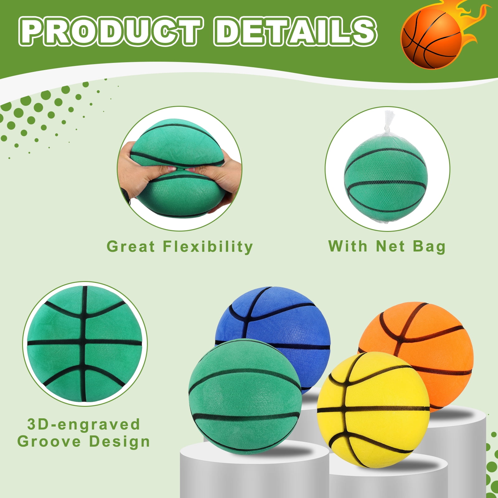 Uxcell Silent Basketball, Size 5 (8.3") Quiet Basketball High Density Foam No Noise 3D Sculpted Groove Bouncing Ball with Net Bag & Green - Fit for (Indoor Training/Dribbling Practice)