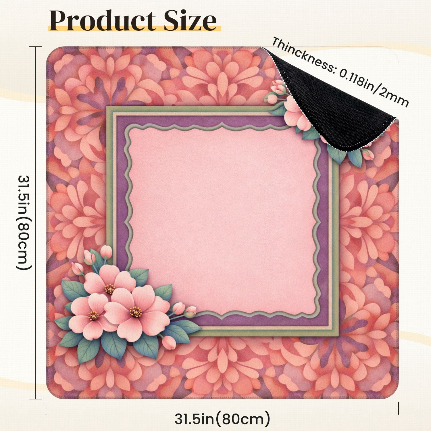 Mahjong Mat 31.5" x 31.5" Pink Floral Frame Layered Border Abstract Flower Non-Slip Noise Reduction Mahjong Tiles Table Cover for Dominoes Poker Card Board and Tile Games