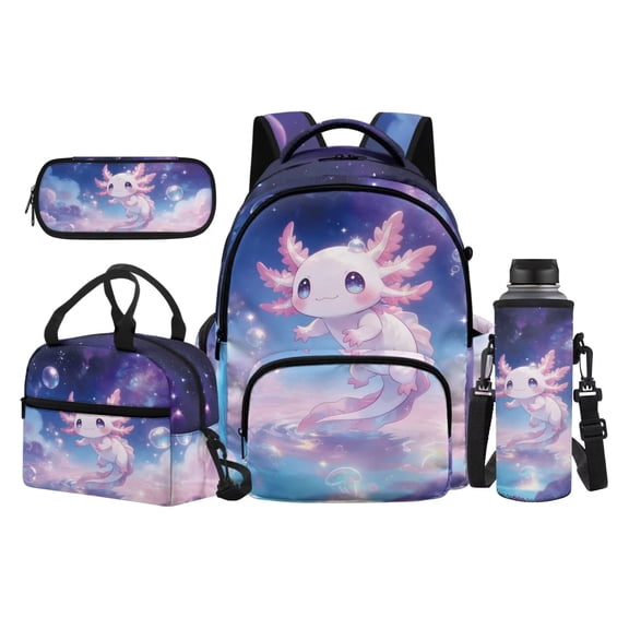 Jeiento Axolotl 17 Inch Large Capacity Schoolbag Set 4-Piece Lunch Bag Pencil Case Water Bottle Holder Galaxy Sky Lightweight Backpack for Girls Kids