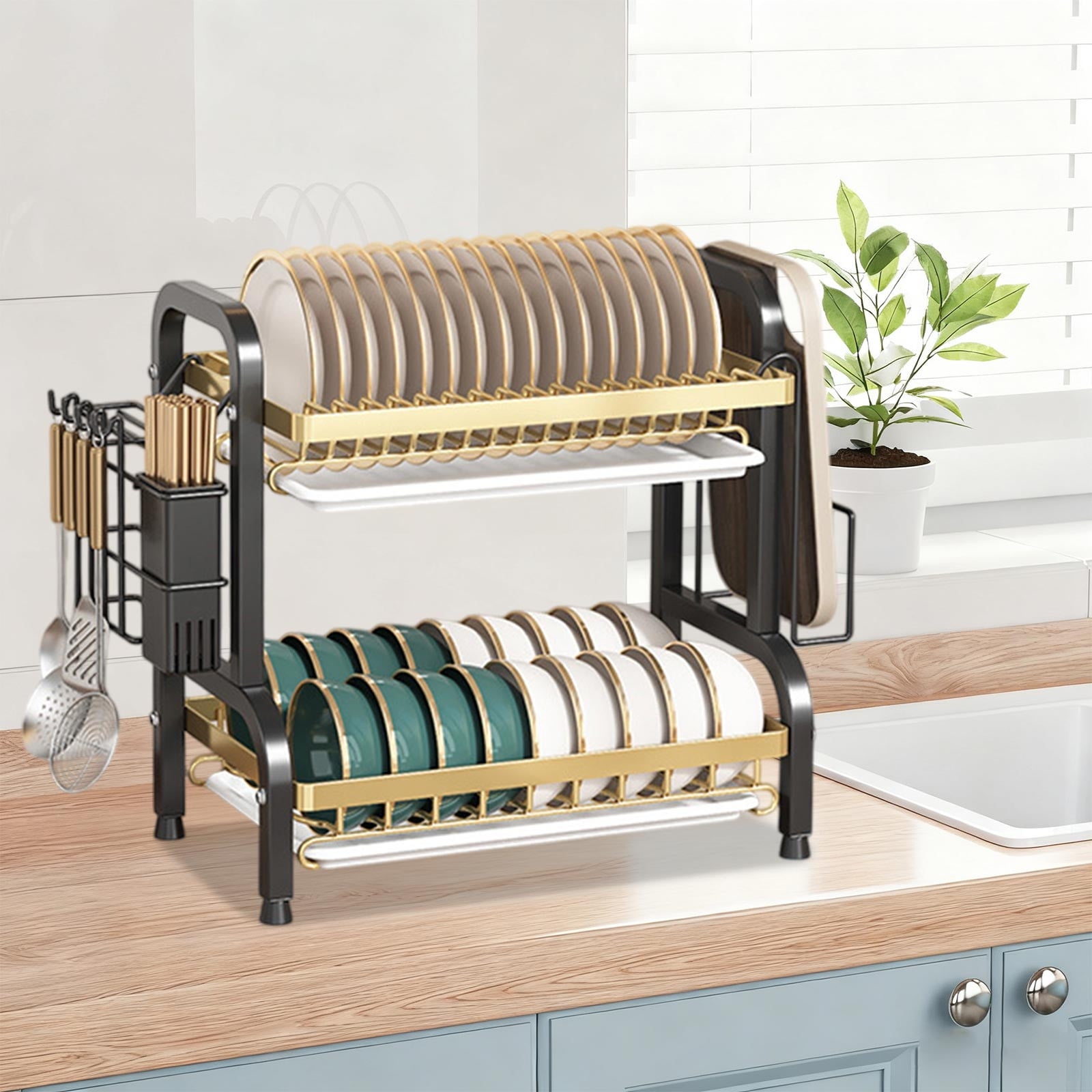 Dish Drying Rack, 2-Tier Dish Racks for Kitchen Counter with Carbon Steel Dishwasher Rack , Sturdy Dish Drainer with Knife, Fork & Plate Rack | Space - Saving Drying Rack Kitchen Gadget