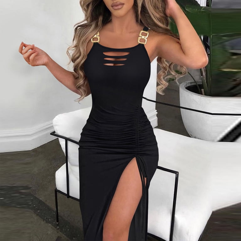 Enjoytime Womens Summer Solid Sexy Maxi Dress Outfit Sleeveless V Neck  Ruffle Tight Drawstring Cocktail Party Dresses Summer Wedding Guest Dress  Clothes 2025 - Walmart.com