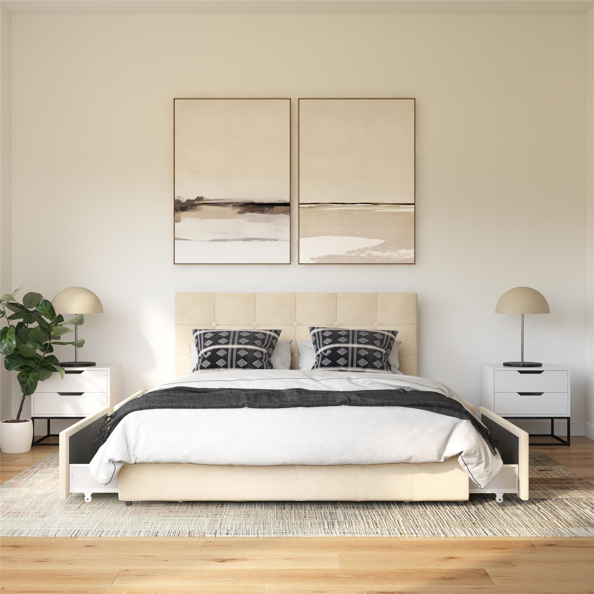DHP Rose Tufted Upholstered Storage Bed Frame, Full, Ivory Velvet