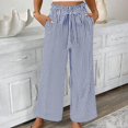 thumbnail image 4 of Casual Pants for Women Striped Elastic Drawstring Waist Straight Wide Leg Pants with Pockets, 4 of 5