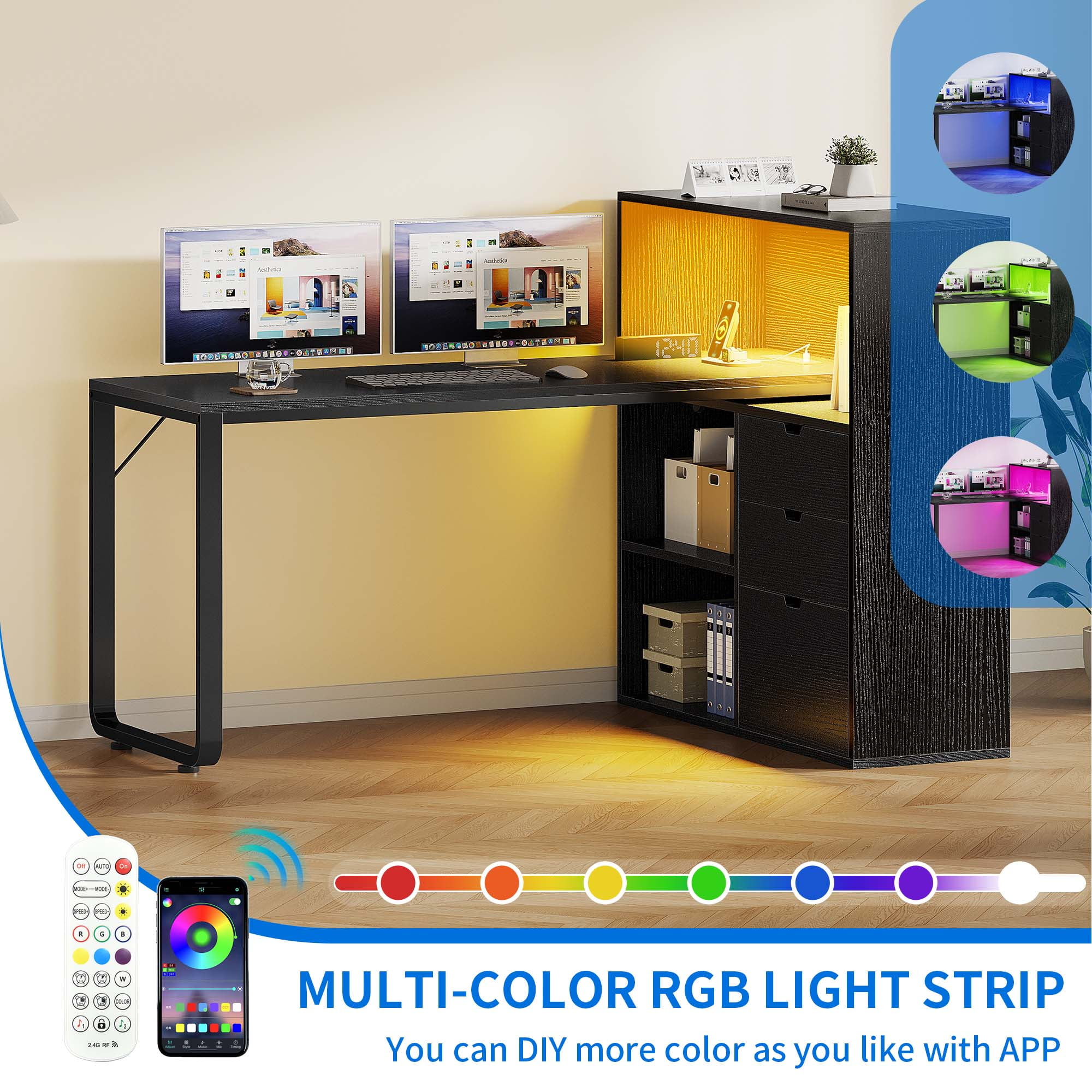 Dextrus L Shaped Desk with Power Outlets & LED Lights, Computer Desk with 3 Drawers and 3 Storage Shelves, White Office Desk Corner Desk for Home Office, Black
