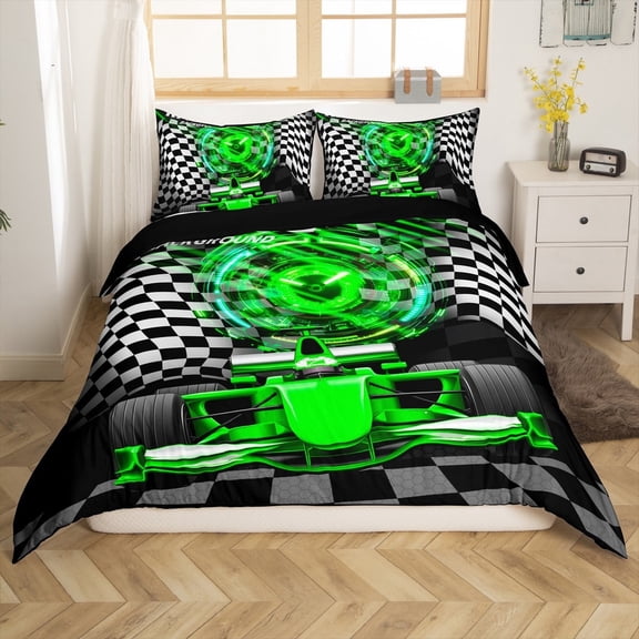 Erosebridal Fast Car Comforter Cover Twin,Black Green Bedding Twin Size,Car Theme Duvet Cover Twin,Microfiber Geometric Room Decorative(No Comforter),Reversible,3pcs