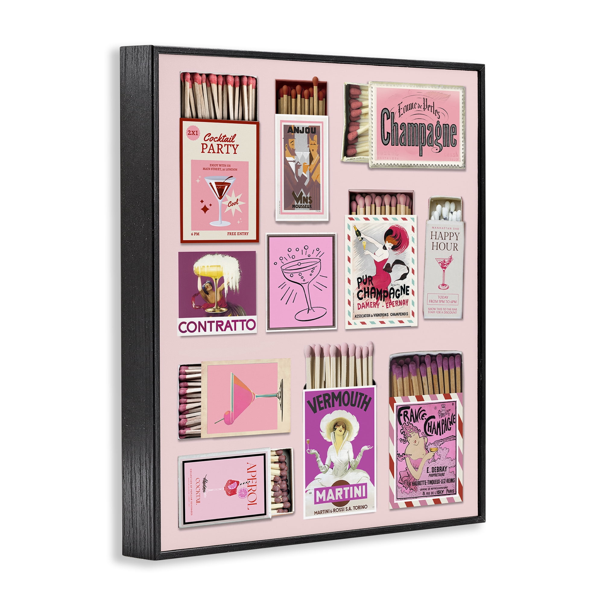 Stupell Industries Champagne & Cocktail Matchboxes Black Framed Giclee Art, design by CAD Designs
